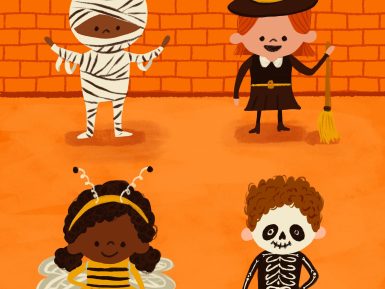 kids in halloween costumes in an orange background illustration.